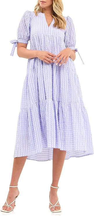 English Factory Women's Gingham Tiered Midi Dress with Bow Tie Sleeves | Amazon (US)