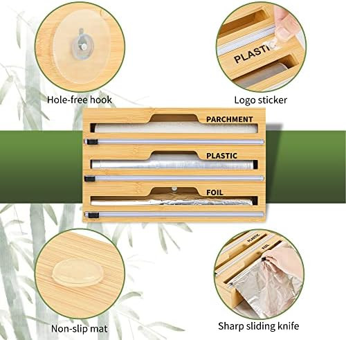 Bamboo Wrap Dispenser with Cutter, 3 in 1 Kitchen Roll Holder Drawers Organizer Box for Cling Film,  | Amazon (US)
