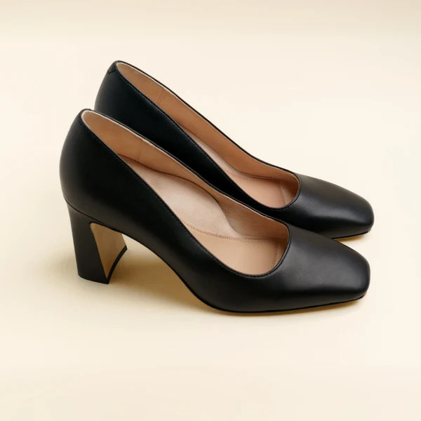 Black Leather Square Toe Bold Block Heel | ALLY Shoes