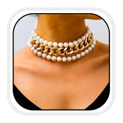 CLOACE Layered Pearl Choker Necklace Gold Chunky Link Chain Necklaces Thick Necklaces Punk Jewelry for Women(Gold Layered Chain) | Amazon (US)