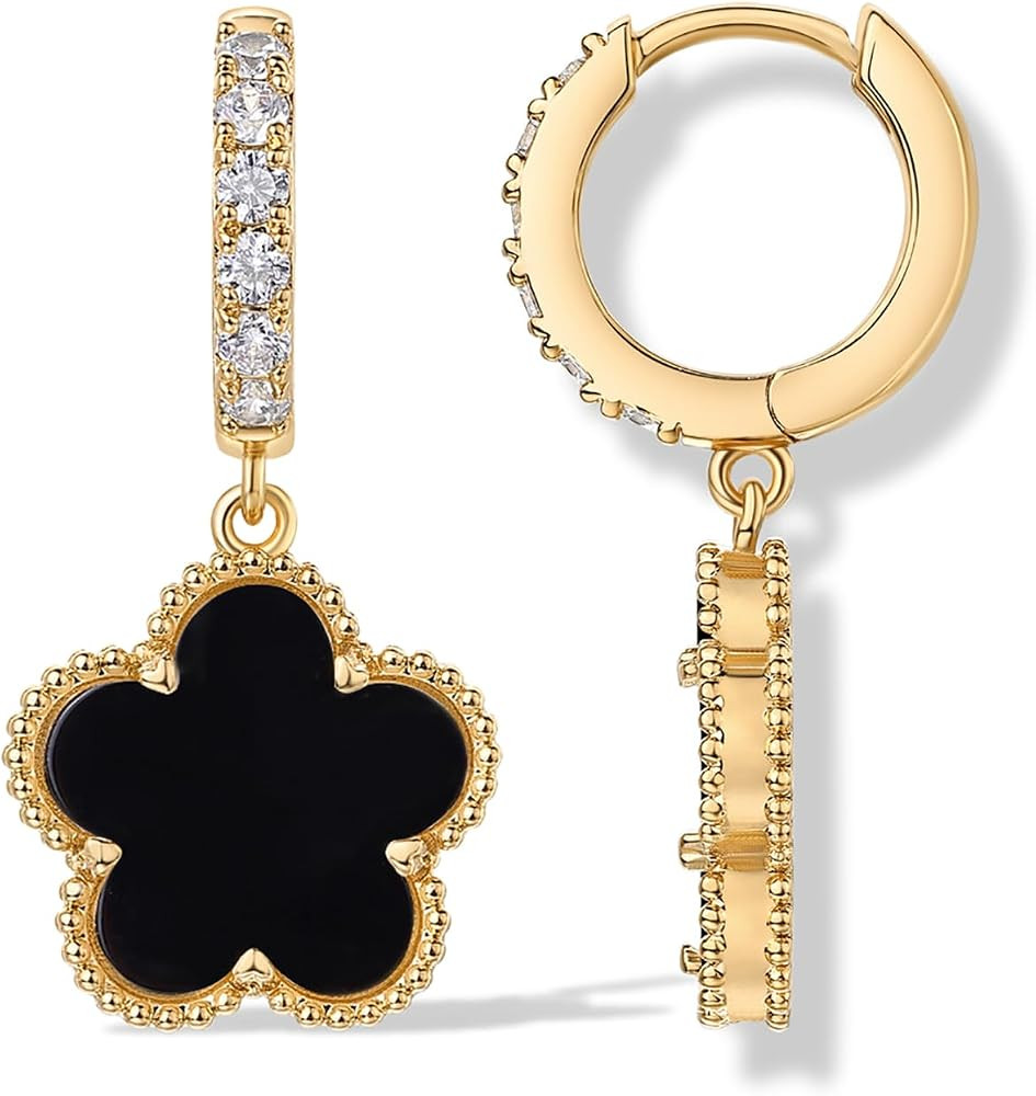PAVOI 14K Gold Plated Clover Earrings for Women - Clover Stud Earrings Mother of Pearl & Onyx Gem... | Amazon (US)