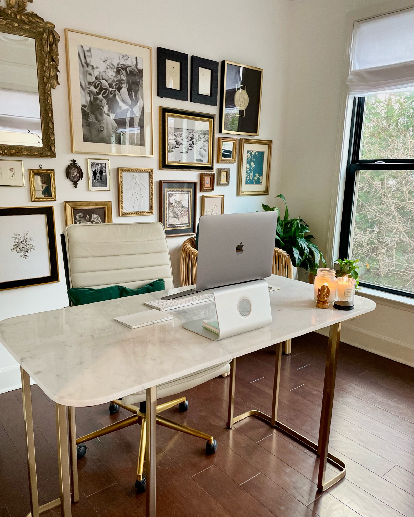 Eclectic Home Office Decor, eclectic gallery wall, gold frames, vintage art, modern minimal art
