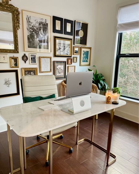 Eclectic Home Office Decor, eclectic gallery wall, gold frames, vintage art, modern minimal art