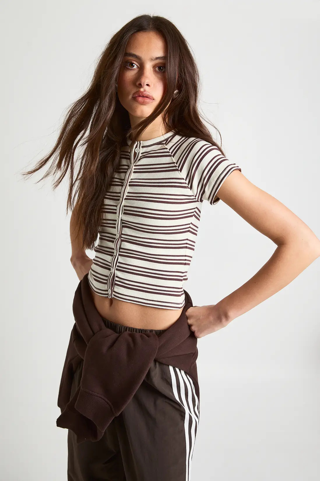 Stripe Rib Button Through Short Sleeve Top | Boohoo.com (UK & IE)