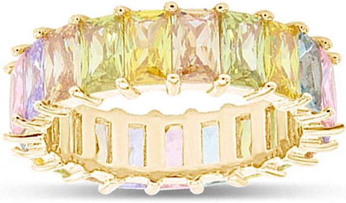 AFFY 18K Yellow Gold Plated Emerald-Cut Multi Color AAA Created-Gemstone Eternity Ring Rainbow | Amazon (US)