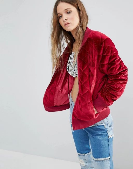 Boohoo Quilted Velvet Bomber Jacket at asos.com | ASOS US