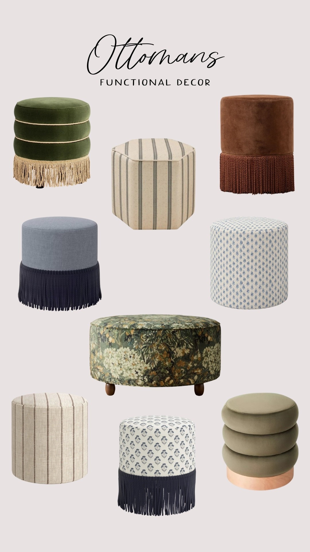 Ottomans are one of those pieces that quietly transform a space—classic if you want subtle, playful if you love a little moment—without committing to a full decor change.
From high to low budgets, these picks cover it all: extra seating, a cozy footrest, or the accent that pulls a whole room together.
Affordable, versatile, and texture-boosting. 

#fringe #fringeottoman #ottoman #homedecor #interiordesign #homegoods #targetfind #wayfair #onekingslane #transitionalstyle #nancymeyers #stripeottoman #TargetHome #OttomanStyle #BudgetFriendlyDecor #ModernOrganic 

#LTKStyleTip #LTKHome #LTKFindsUnder100 #LTKSaleAlert