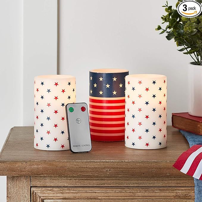 Lights4fun, Inc. Set of 3 Patriotic American Flag Flameless LED Battery Operated Pillar Candles w... | Amazon (US)