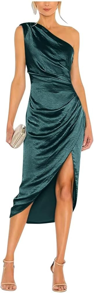 Satin Bridesmaid Dresses for Women One Shoulder Prom Dress Pleated Midi Formal Cocktail Gown Wedd... | Amazon (US)