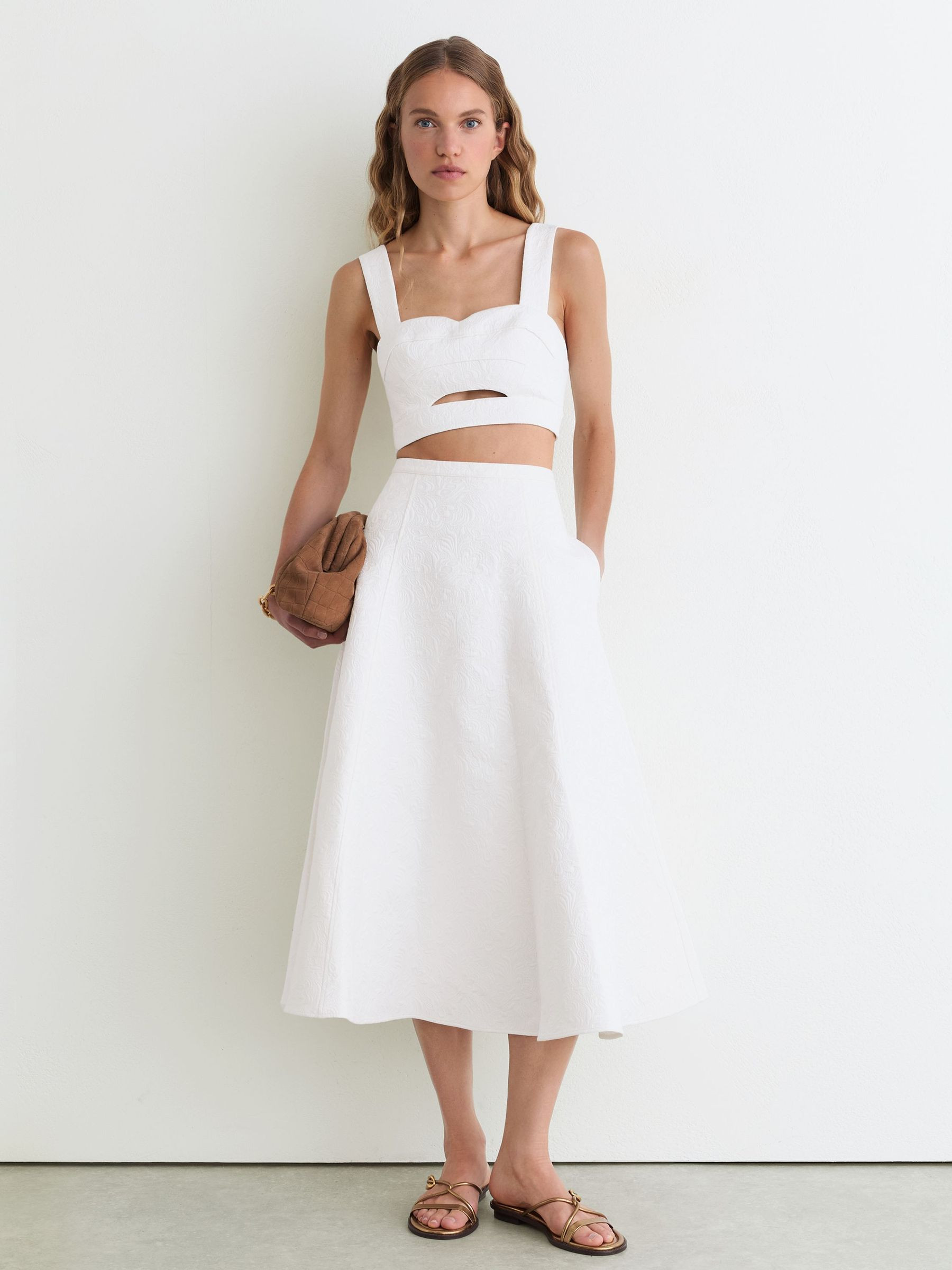 Reiss Cotton-Blend Jacquard Midi Skirt in Ivory | REISS | Reiss US