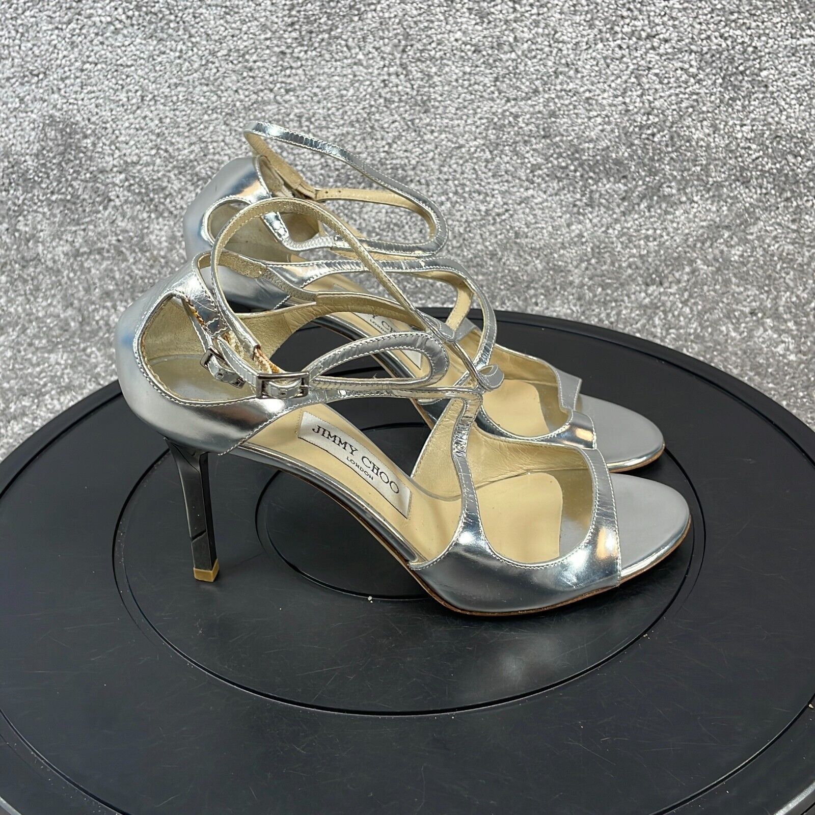 Jimmy Choo Heels Women's Size 7.5 Lang Strappy Silver Leather Adjustable Strap  | eBay | eBay US