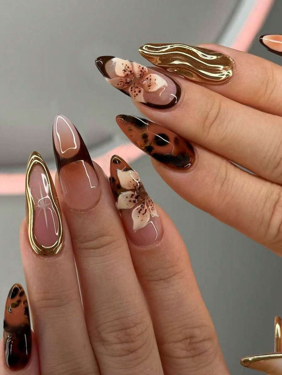 24Pcs Long Almond 3d Gelnails Makes Flower Nails Design French Tip Press On Nails Medium Design F... | SHEIN