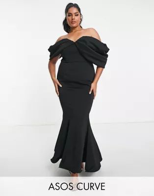 ASOS DESIGN Curve extreme drape sleeve wide hem maxi dress in black | ASOS (Global)