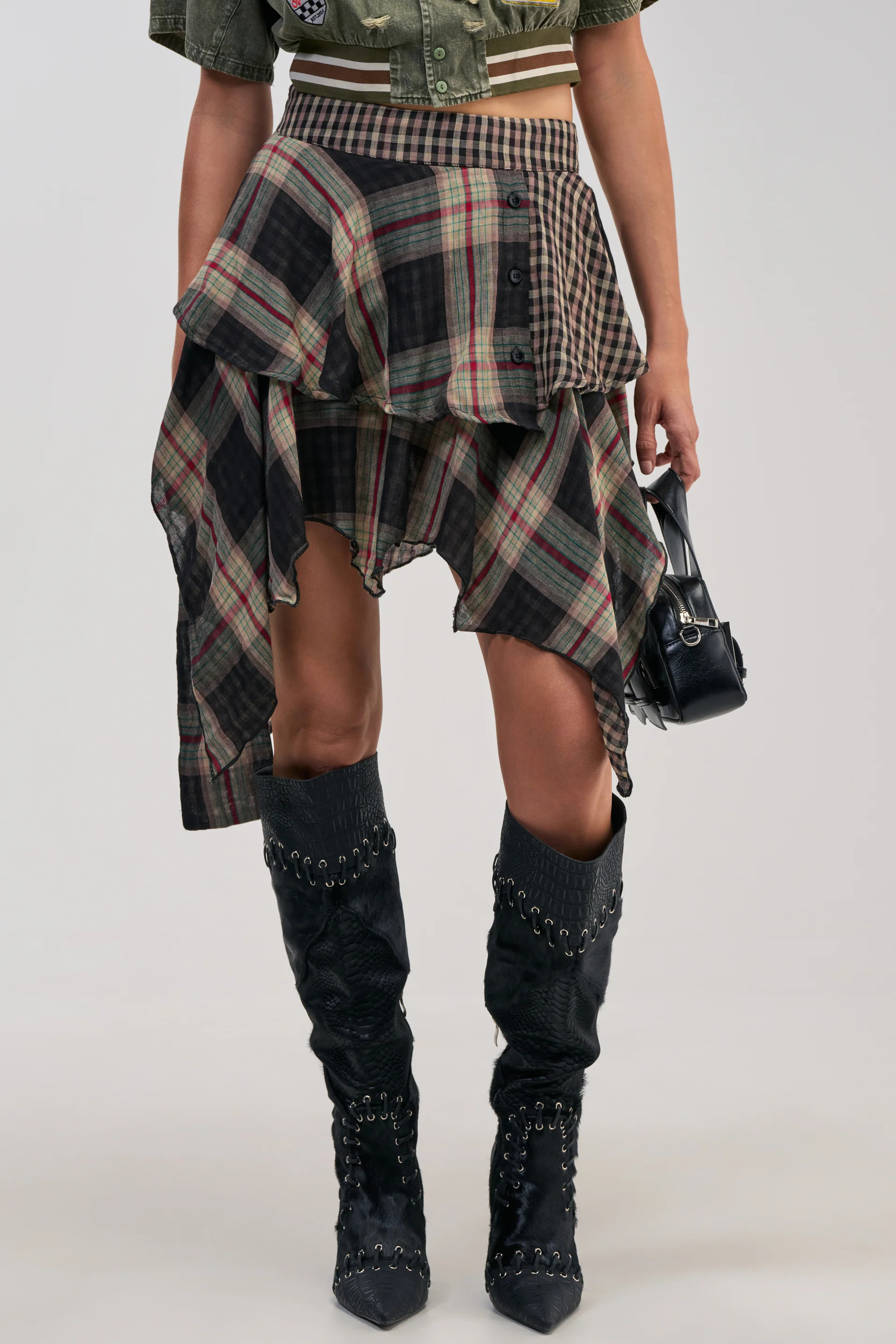 Plaid Mini Skirt, Asymmetric Hem and Loose Fit | AKIRA | AKIRA