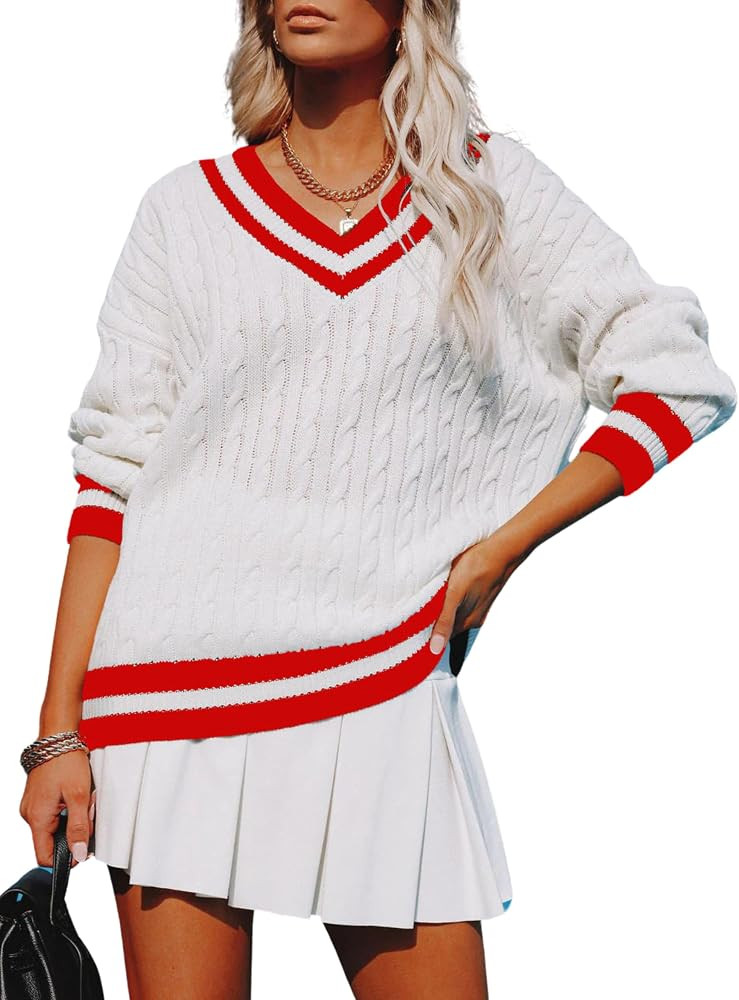 InterNos Women's Casual V Neck Long Sleeve Sweater Trendy Striped Pullover Cable Knit Preppy Swea... | Amazon (US)