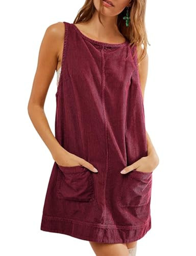TBA Corduroy Overall Dress for Women Round Neck Skirtall Jumper A Line Mini Romper Pinafore with Pockets Wine Red | Amazon (US)