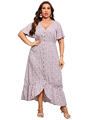 KOJOOIN Plus Size Summer Dress for Curvy Women Short Sleeve V Neck Button Ruffle Hem High Low Floral Maxi Dress Light Purple Flower XL | Amazon (US)