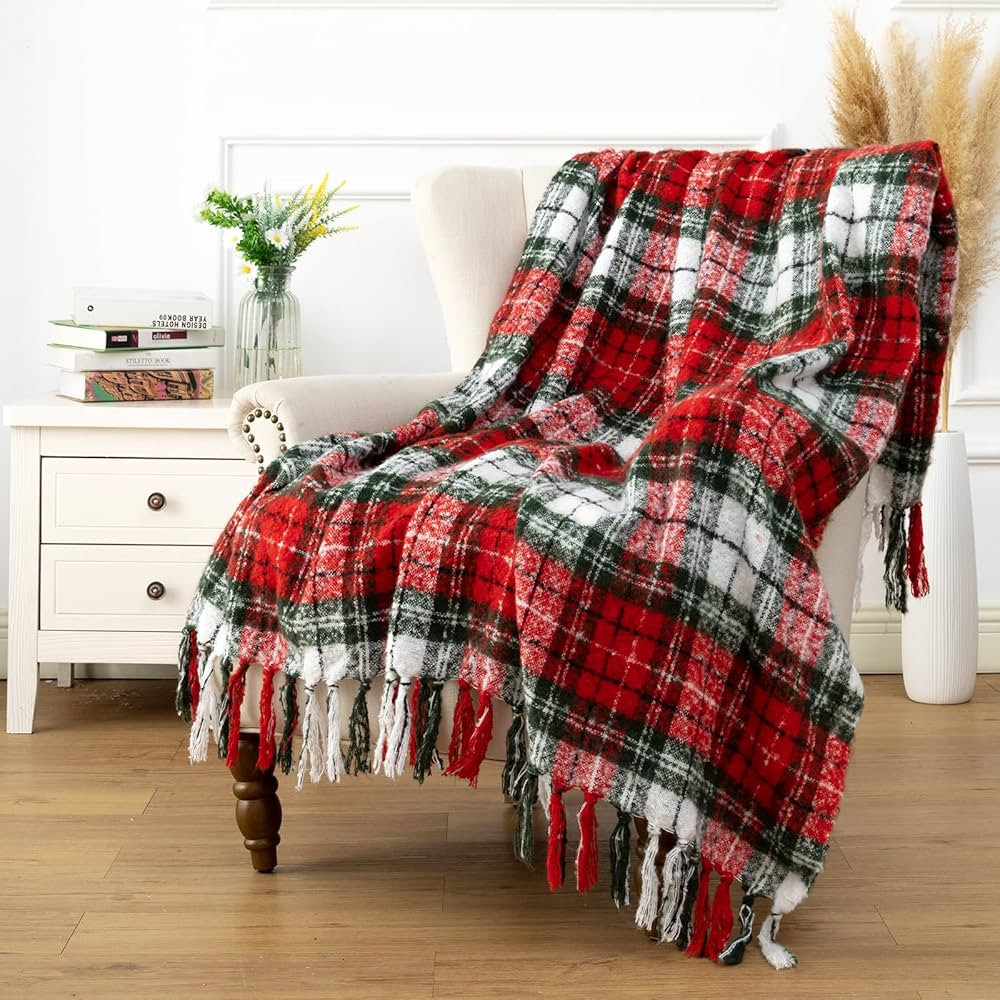 LALIFIT Plaid Throw Blanket with Fringes Green Red Christmas Home Decor Blankets Super Soft Cashm... | Amazon (US)