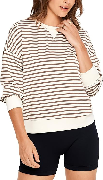 Glamaker Women's Striped Crewneck Sweatshirt Pullover Casual Long Sleeve Air Essentials Cropped S... | Amazon (US)