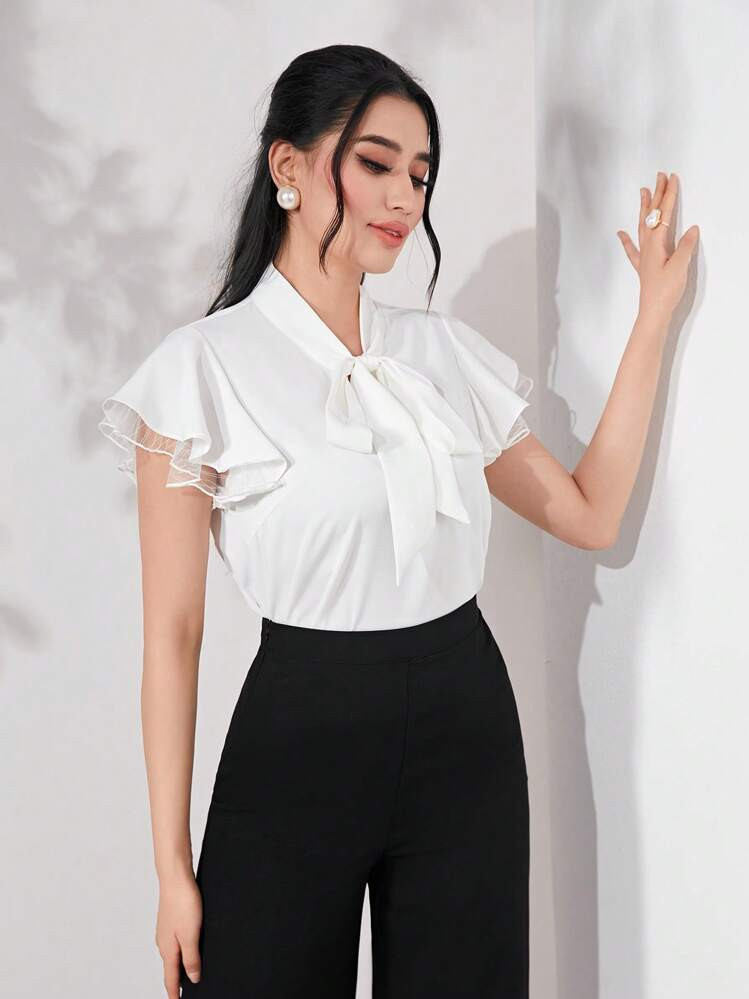 Modelyn Tie Neck Contrast Mesh Flounce Sleeve Summer Blouse | SHEIN