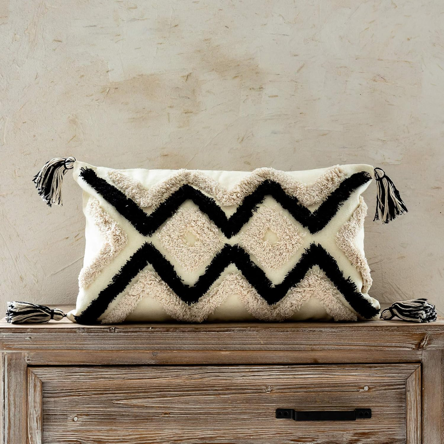 Boho Lumbar Throw Pillow Cover, 12 x 20 Inches, Black, Ivory | Amazon (US)