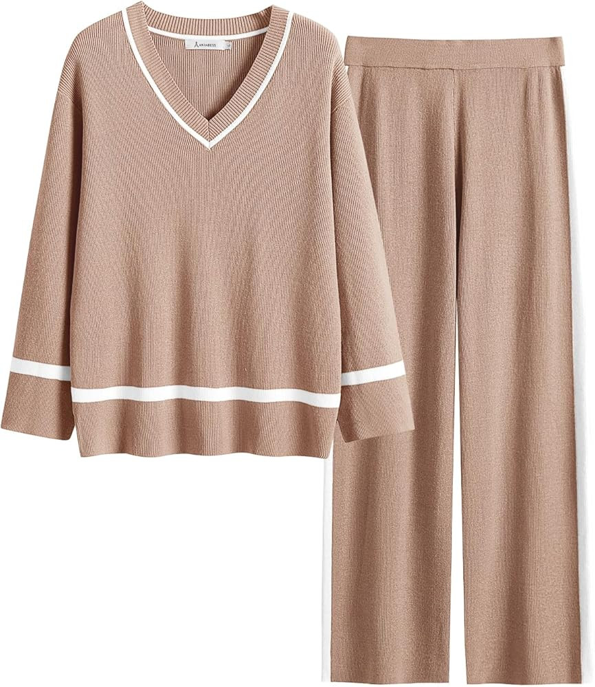 ANRABESS Women's 2 Piece Outfits Long Sleeve V Neck Knit Sweater Top and Wide Leg Pants Lounge Se... | Amazon (US)