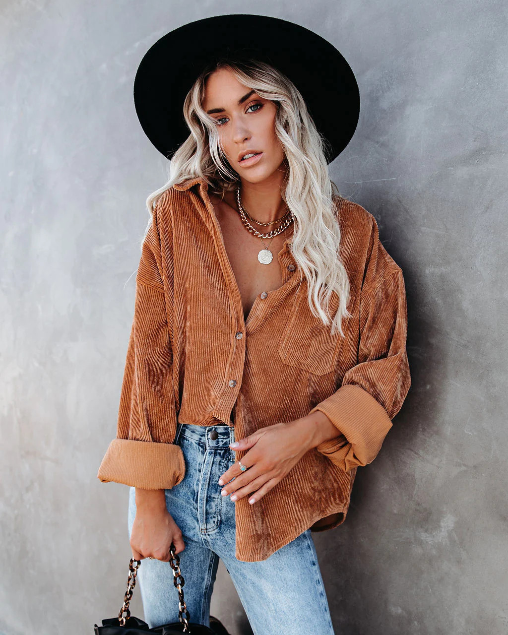 Kamryn Corduroy Button Down Pocket Top - Camel | VICI