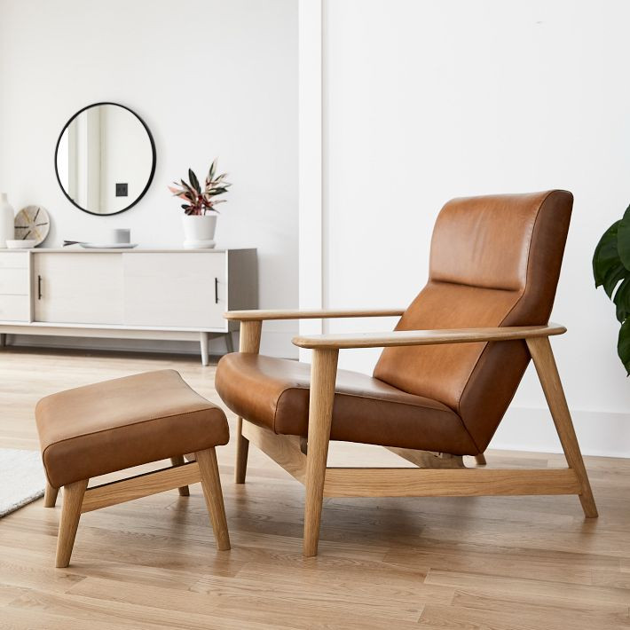 Mid-Century Show Wood High-Back Leather Chair & Ottoman Set | West Elm (US)