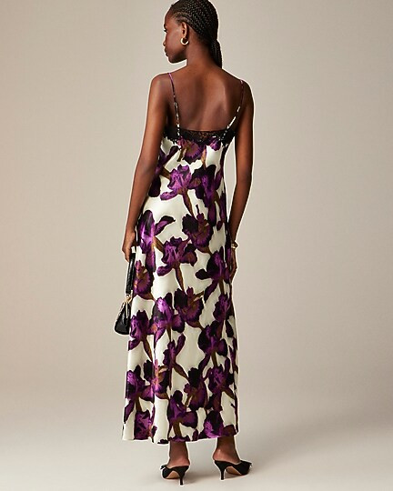Lace-trim slip dress in iris floral textured satin | J. Crew US