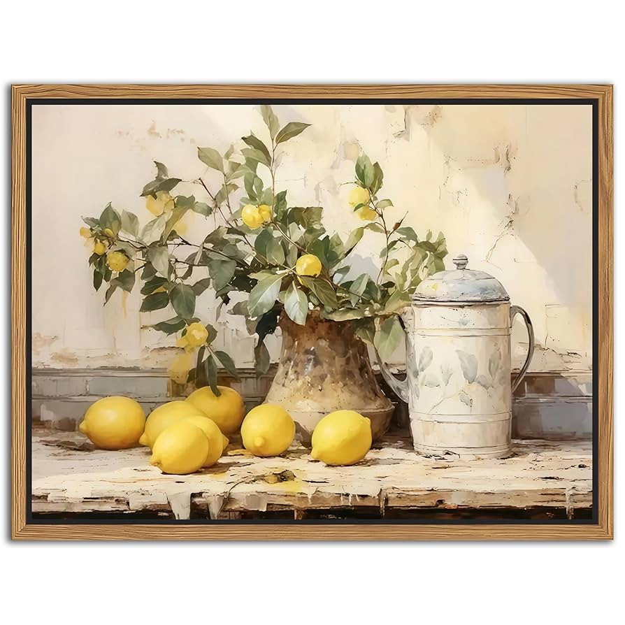 Floating Framed Vintage Kitchen Wall Art, Yellow Lemon Still Life Wall Decor Oil Paintings, Rusti... | Amazon (US)