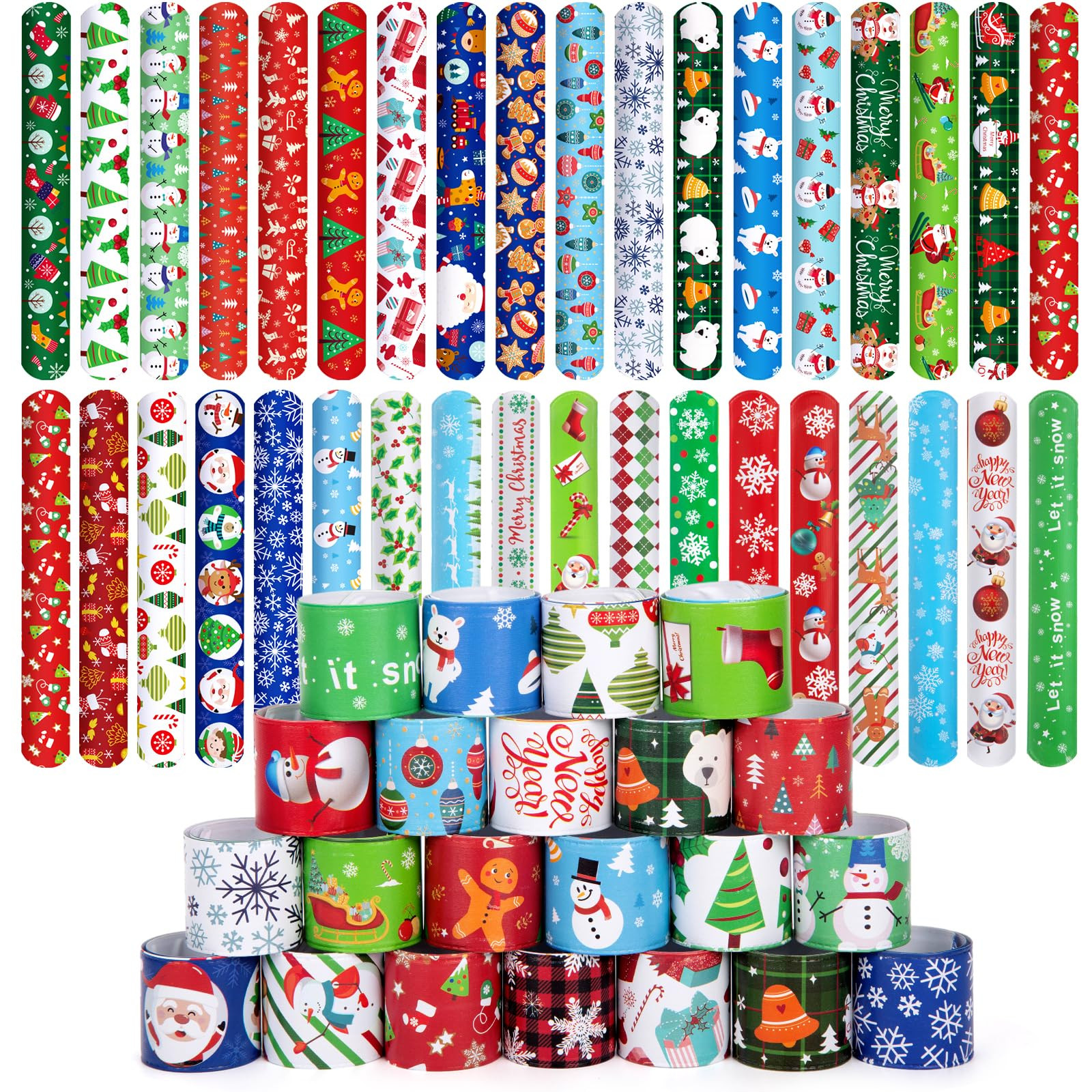 LovesTown 64PCS Christmas Slap Bracelets for Kids - Snap Bracelets & Wristbands for Stocking Stuf... | Amazon (US)