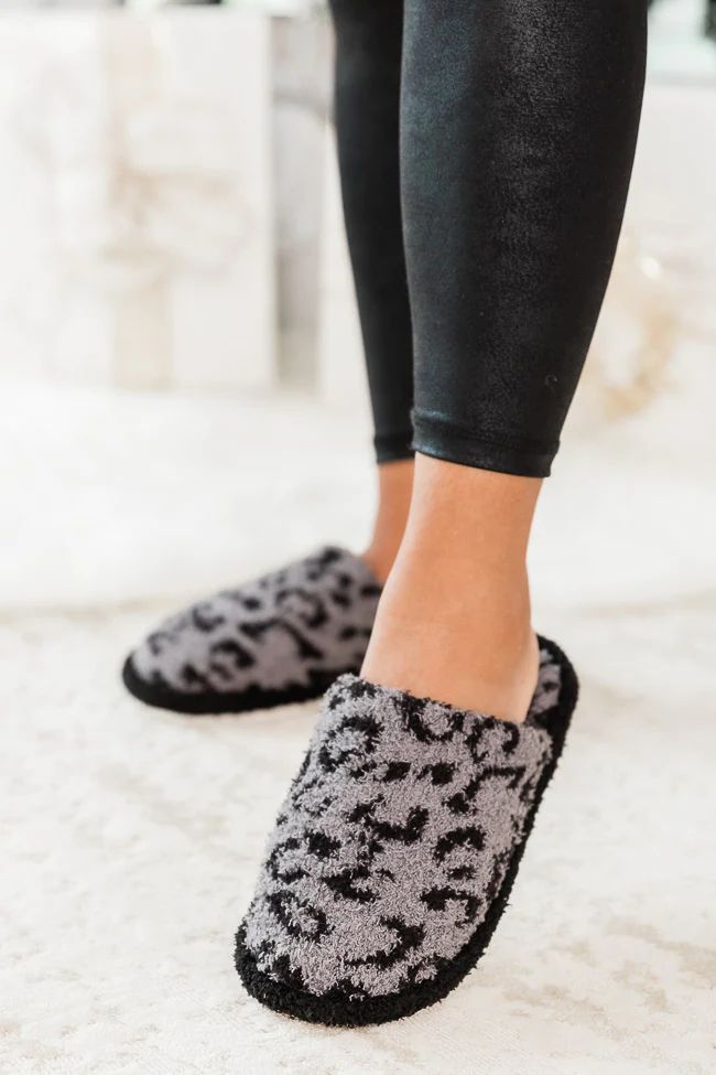 All The Snuggles Dark Grey Leopard Print Slippers | Pink Lily
