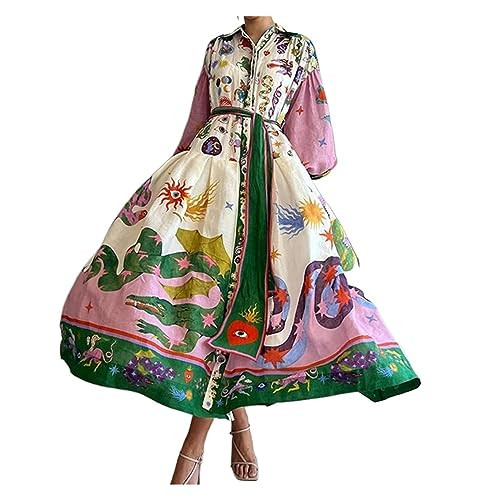 Ladies Autumn Long Sleeve Printed Lapel Lantern Sleeve high Waist Long Beach Dress, Bohemian Style Printed Skirt (Color : Purple, Size : Medium) | Amazon (US)