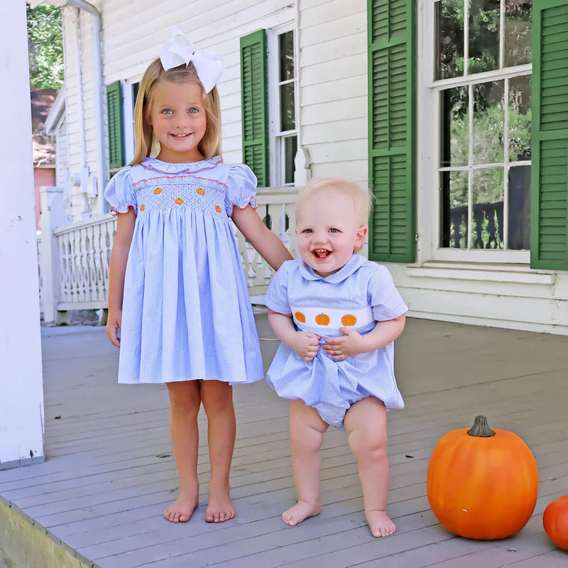 Harvest Pumpkin Light Blue Gingham Smocked Ruffle Collar Dress | Classic Whimsy