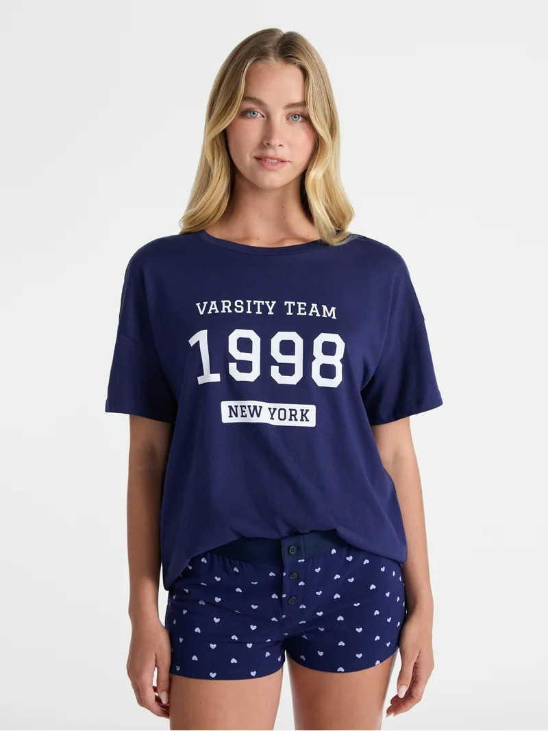 No Boundaries Sleepwear Cotton Tee and Boxer Shorts Set, 2-Piece, Women’s | Walmart (US)