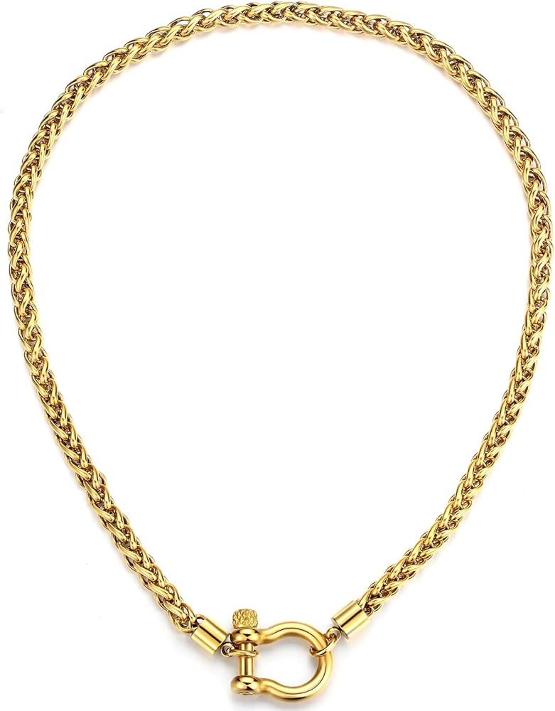 Tondiamo Stainless Steel Wheat Chain Necklace Heavy Screw Anchor Shackle Wheat Necklace Chunky Gold Necklace for Women Men | Amazon (US)
