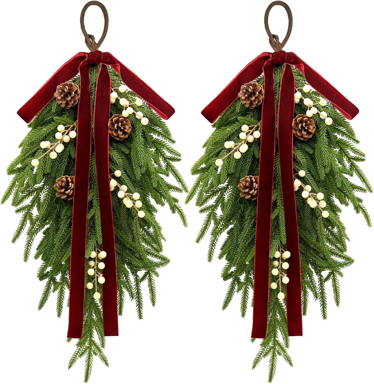 nuvagiki Christmas Teardrop Swag Decorations, 24'' Christmas Teardrop Wreath Artificial Pine Needle Berries Hanging Decor, Red Velvet Bow Swag Decorations for Front Door Mantle Wall Indoor Home Decor | Amazon (US)