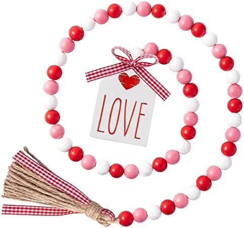 2ooya Valentine's Day Wood Beads Garland 41.2 Inch Valentines Rustic Red Pink Wood Bead with Jute Ro | Amazon (US)