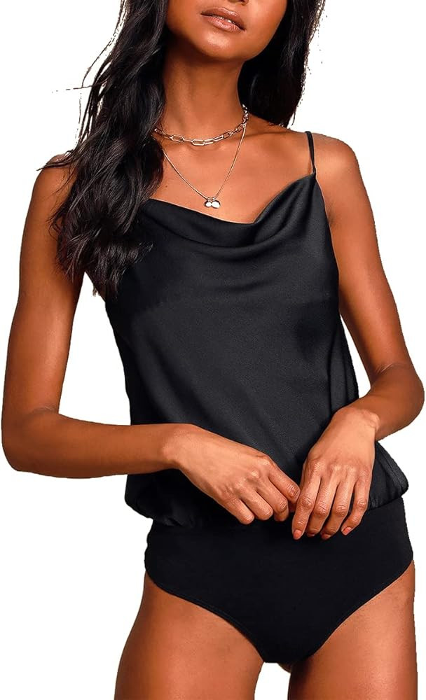 LuFeng Women's Sexy Sleeveless Silk Satin Cowl Neck Spaghetti Straps Bodysuit Tank Top Cami Backl... | Amazon (US)