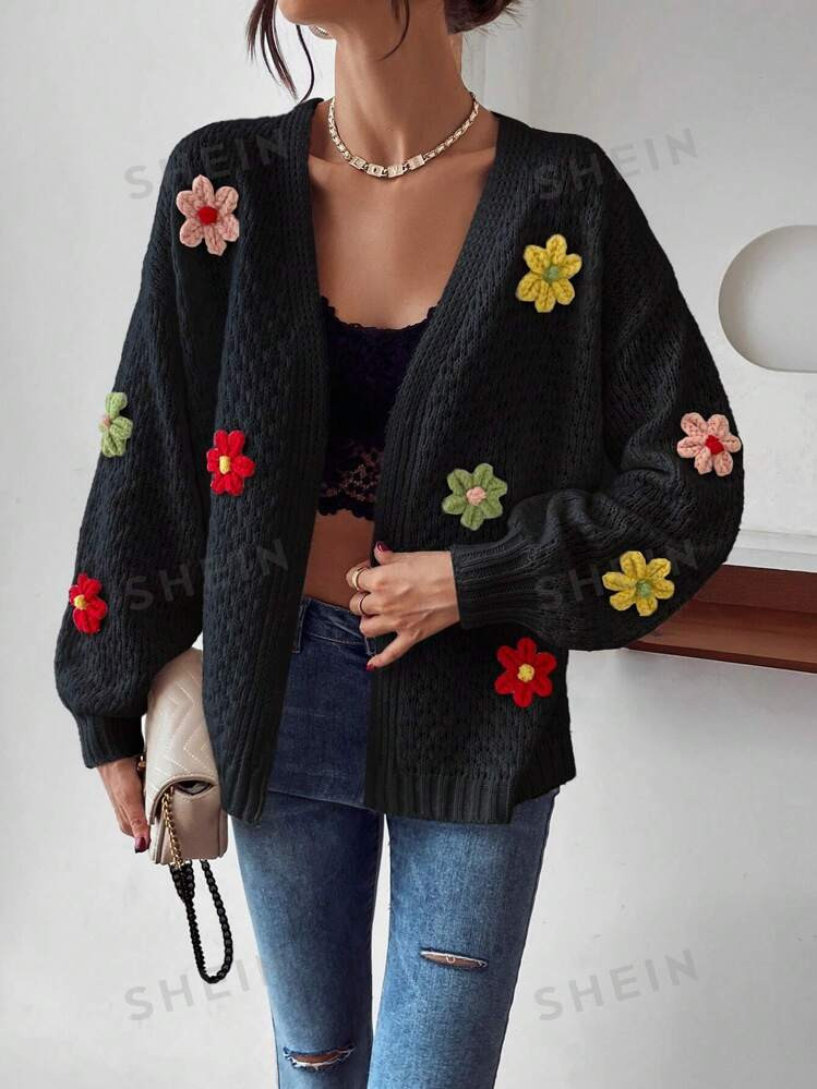 SHEIN MOOSTA Floral Patched Drop Shoulder Duster Cardigan | SHEIN USA | SHEIN