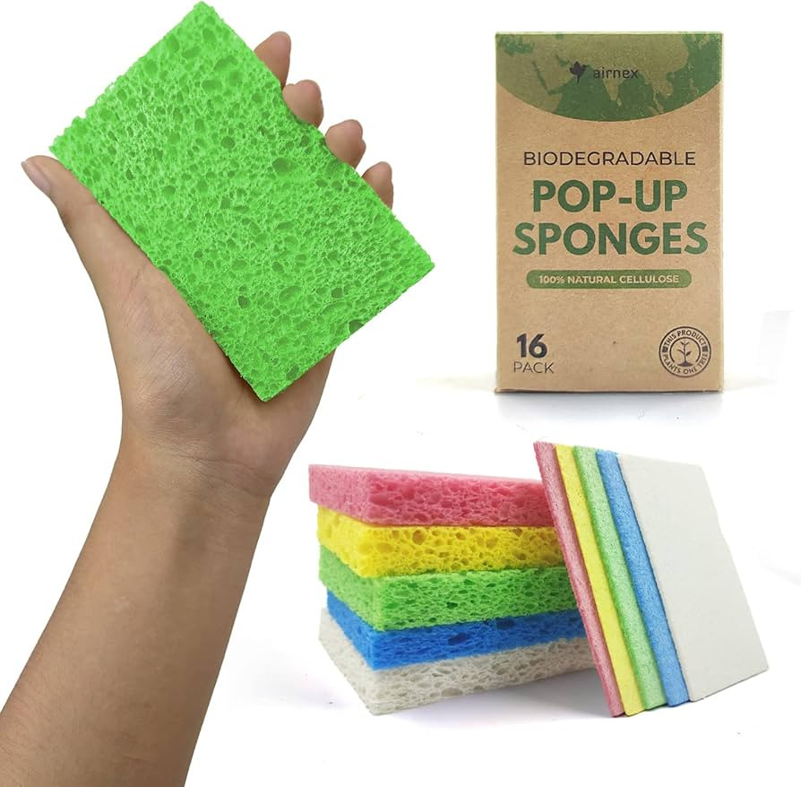 AIRNEX Biodegradable Cellulose Compressed Sponges - Pack of 16 Kitchen Sponges for Cleaning - Hea... | Amazon (US)