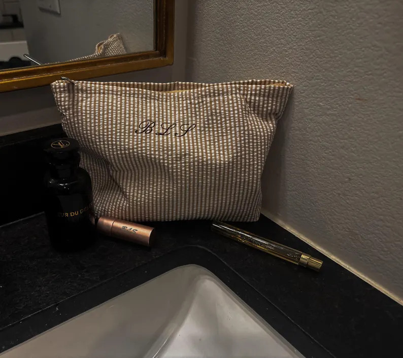 Embroidered Seersucker Makeup Bag and Cosmetic Pouch | Gift for Her | Mother's Day Gift | Cotton ... | Etsy (Global)