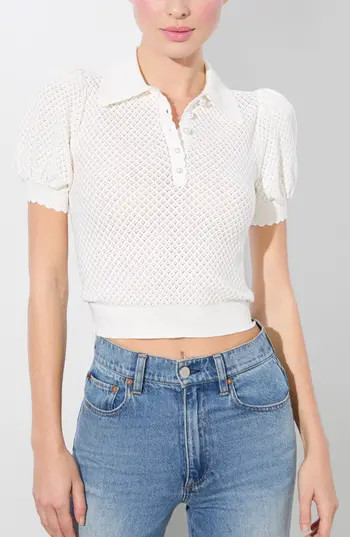 Alice + Olivia Ramona Short Sleeve Pointelle Polo Sweater in Soft White at Nordstrom Rack, Size Small | Nordstrom Rack