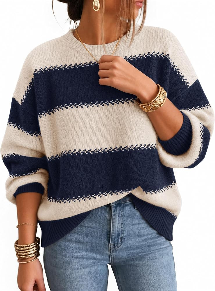 ZESICA Women's 2026 Fall Oversized Striped Cozy Casual Long Sleeve Sweaters | Amazon (US)