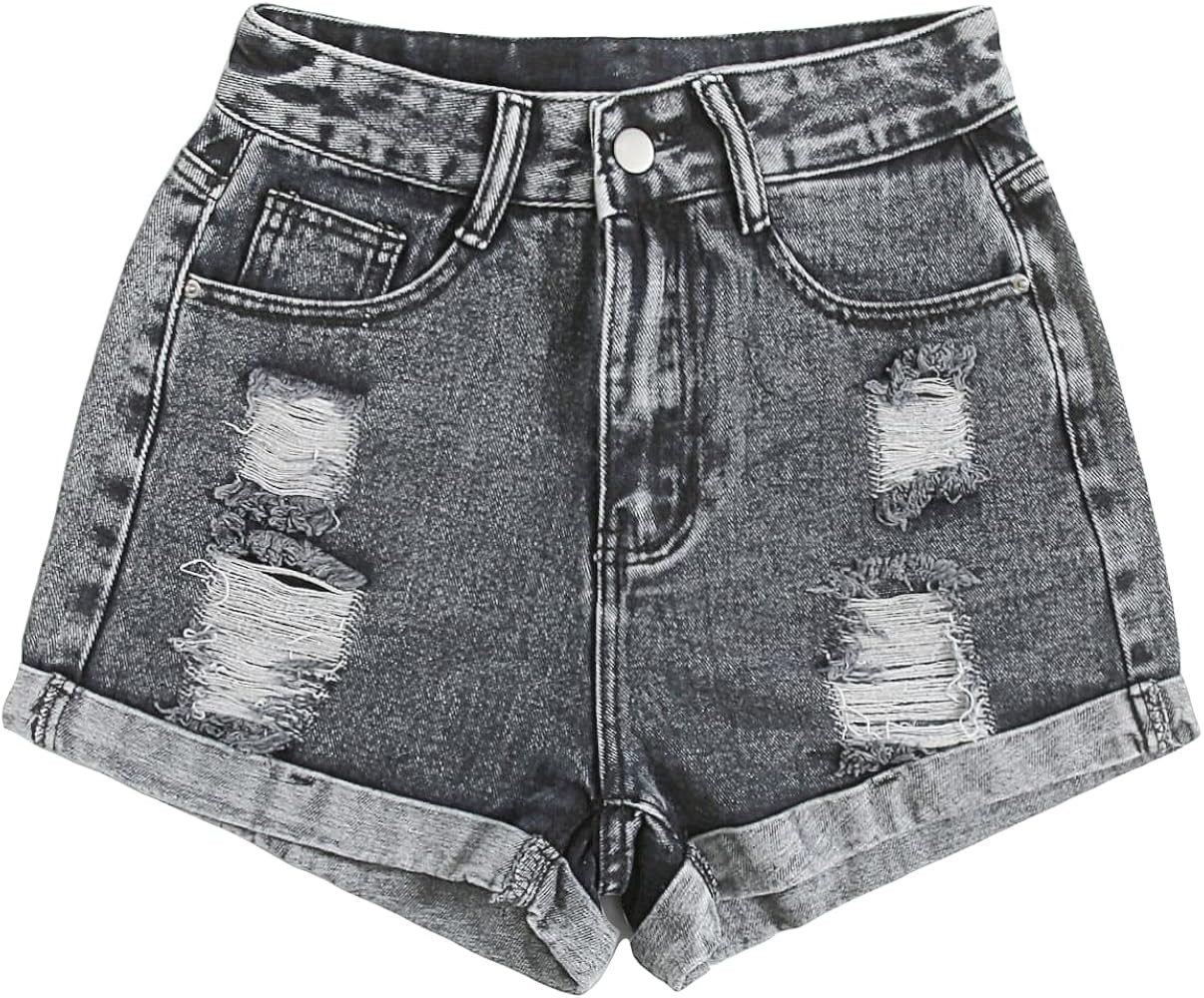 Floerns Women's Ripped Raw Hem High Wait Straight Leg Solid Denim Shorts | Amazon (US)