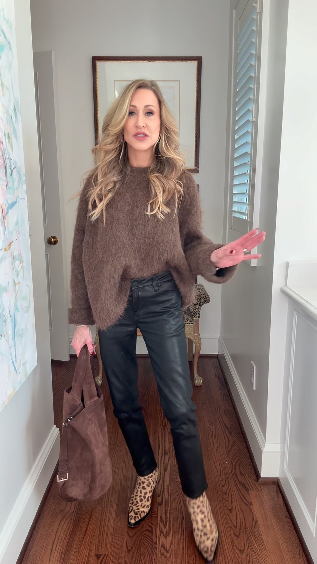 Black and brown look…black leather pants with a brown sweater and leopard booties.  Bag is suede from Prada!

#LTKgrwm #LTKSeasonal #LTKootd