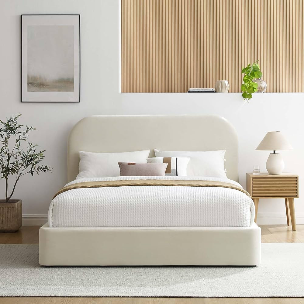 Modway Keynote Modern King Size Bed Frame with Curve Shaped Headboard in Alabaster, Upholstered P... | Amazon (US)