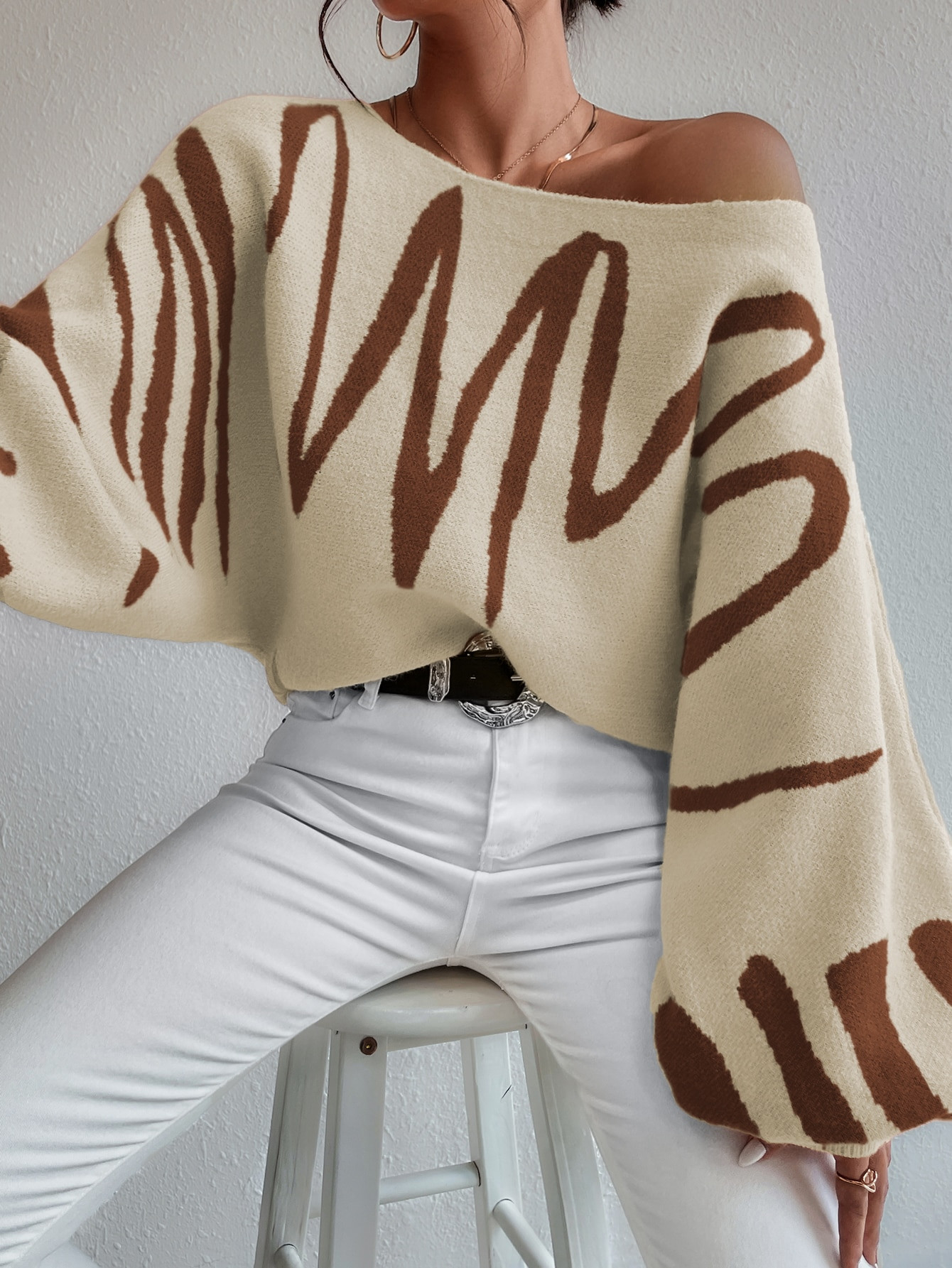 SHEIN Privé Graphic Pattern Lantern Sleeve Sweater | SHEIN