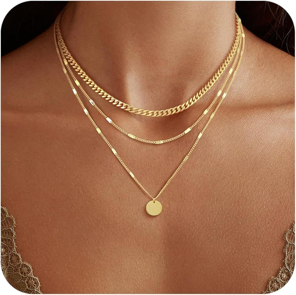 14K Gold Plated Layering Necklaces For Women Gold Necklace Set, Cuban Link, Snake Chain, Papercli... | Amazon (US)