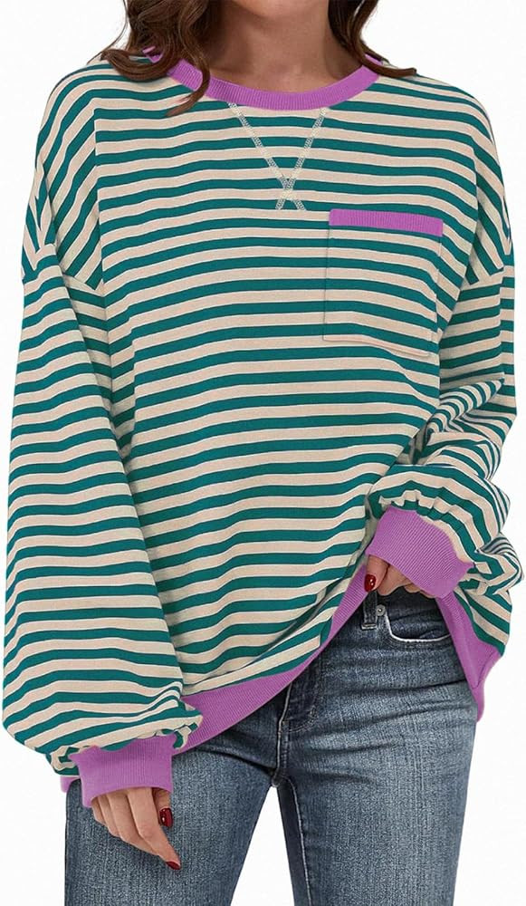 TARSE Oversized Crewneck Sweatshirt for Women Dropped Shoulders Striped Shirt Plain Pullover Loos... | Amazon (US)